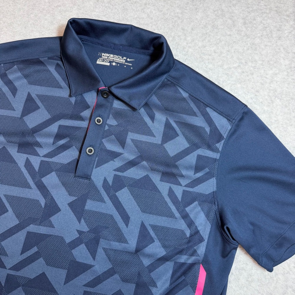 Nike Golf Polo Shirt Womens M Navy Blue and Pink Geometric Print Dri-Fit NWOT